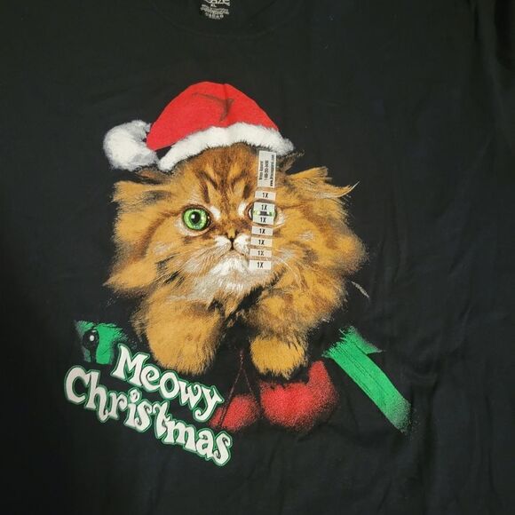 Classic Teaze Black Meowy Christmas Cat with Santa Hat T-Shirt sz XL - Picture 2 of 4